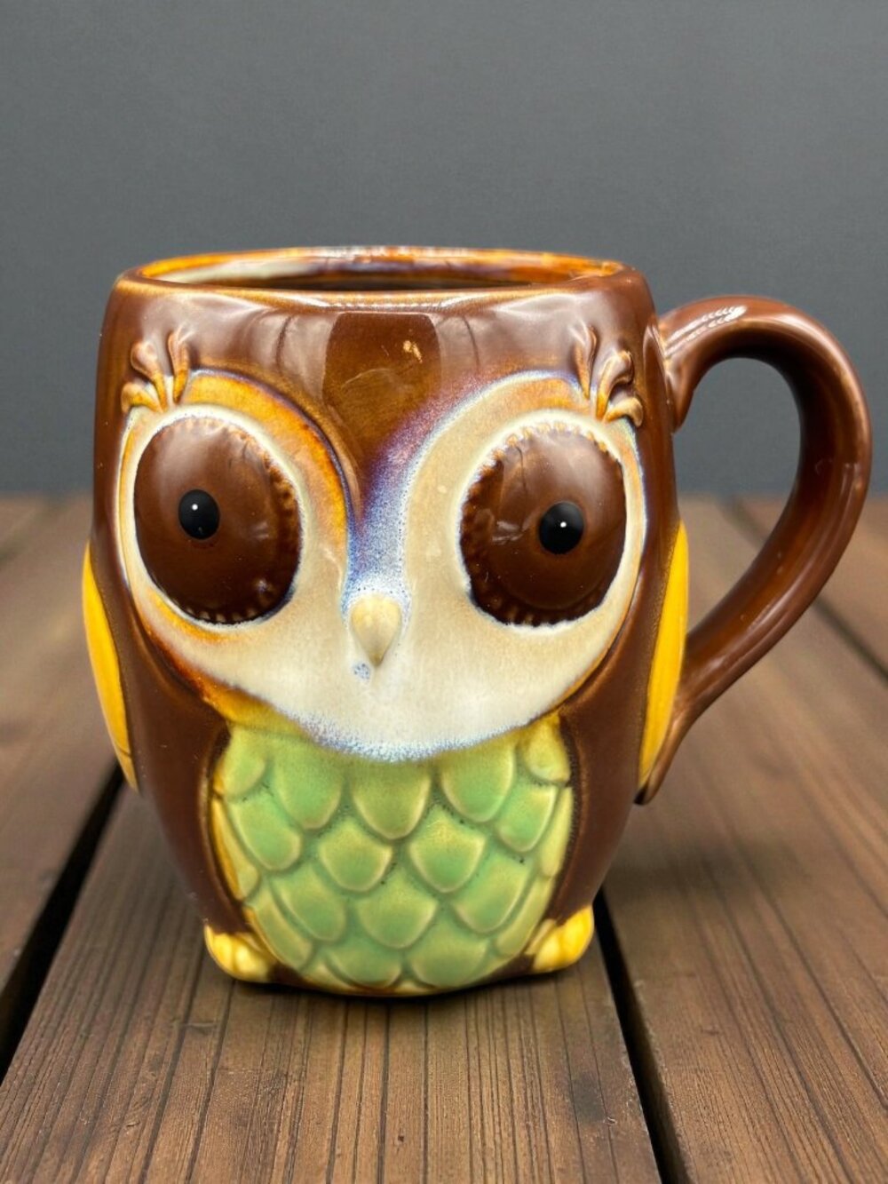 Vintage Glazed Owl Ceramic Coffee Mug 12 Oz Brown & Yellow Collectible Rustic 3D